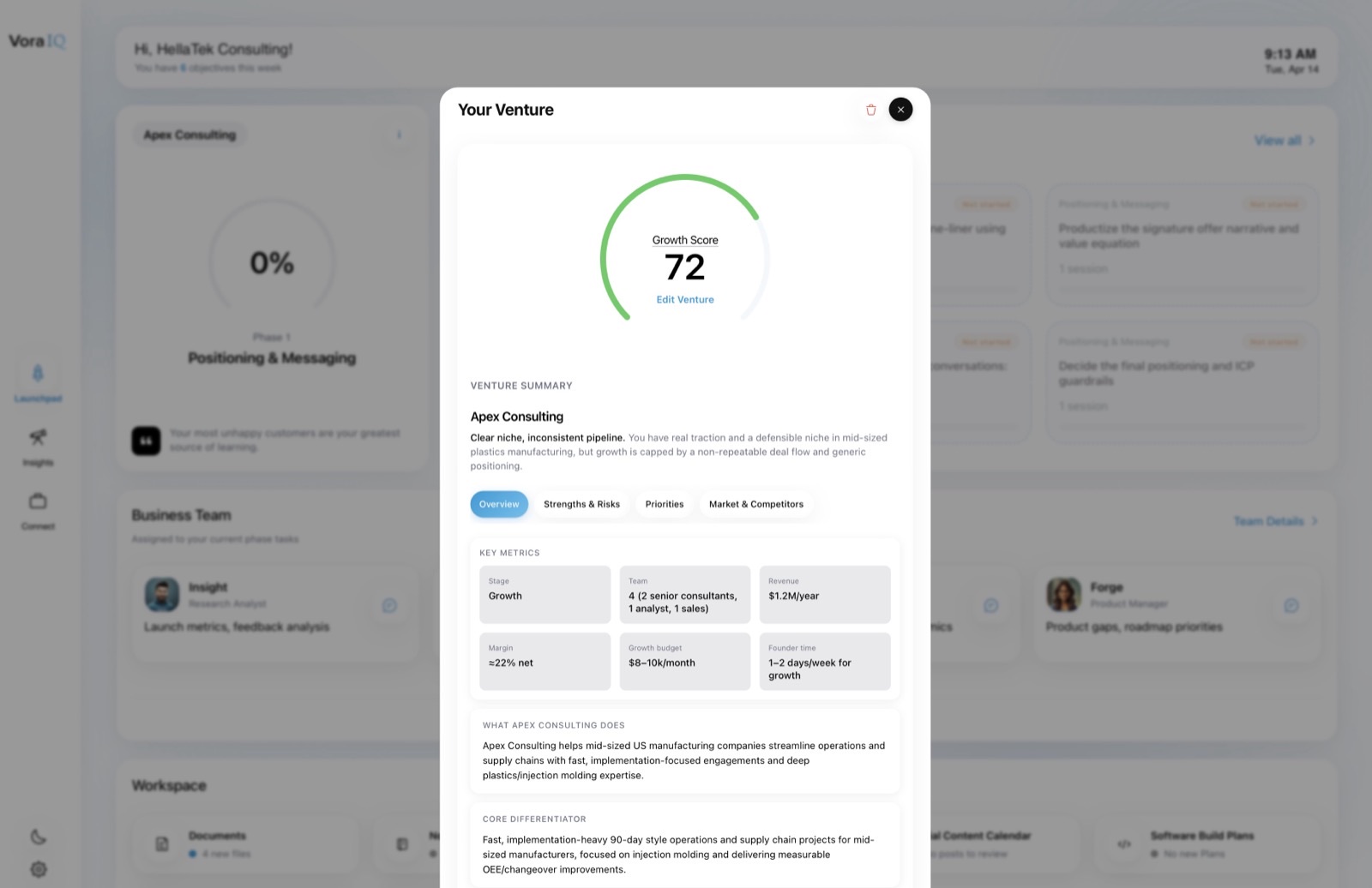 Vora IQ viability score modal — Growth Score 72 with venture summary, key metrics (stage, team, revenue, margin) and tabs for strengths, priorities, and market competitors.